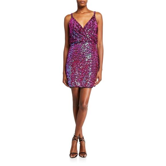 SHO x Tadashi Shoji Sz XS Hot Pink Sequin Surplice Neck Body-Con Dress - Picture 1 of 16
